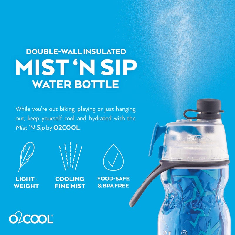 O2COOL Arctic Squeeze Mist 'N Sip Insulated Bottle w/Silicone Spout Cover And Locking Misting Function - 20 oz, Crackle Blue - Image 4